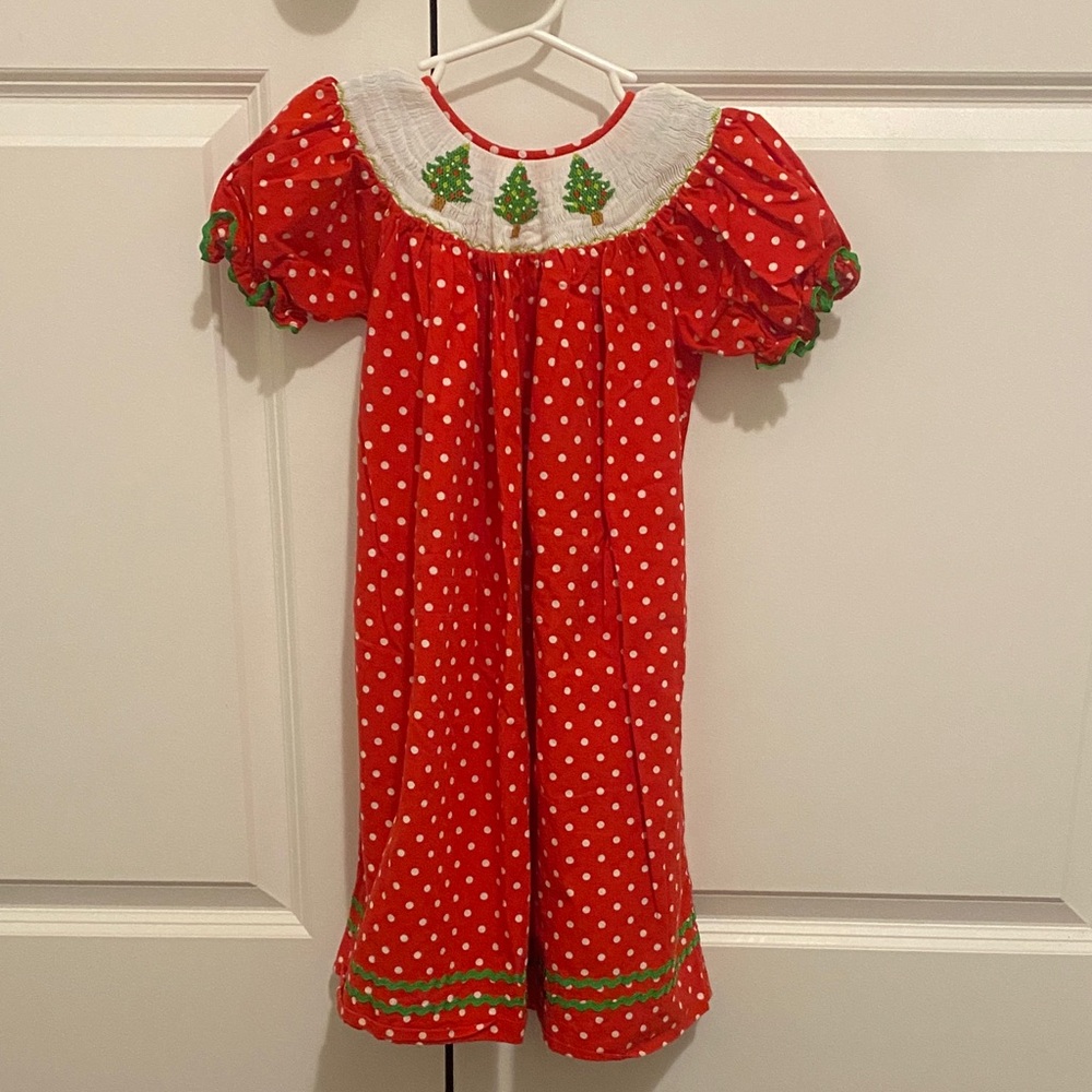 Mom & Me Smocked Christmas Tree Red Polka Dot Dress Size 3T